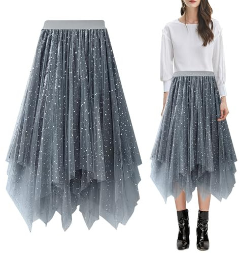 Baogaier Falda Lentejuelas Tul Mujer, Gris Elegante Clásico Tutu Cintura Elástica Midifalda Irregular Capas Falda Plisado A-Line, Cumpleaños Party Carnaval Fiesta Bodas Disfraz