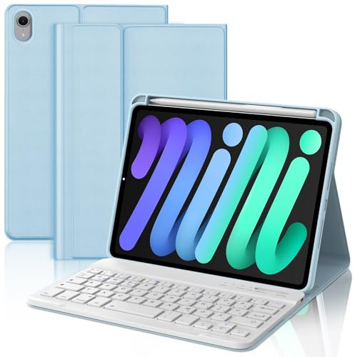 WAVATA Clavier pour iPad Mini 7 8.3'' 2024 (A17Pro), Bleu | Étui Clavier pour iPad Mini 6 2021 Magnétique Amovible Bluetooth Français AZERTY Layout