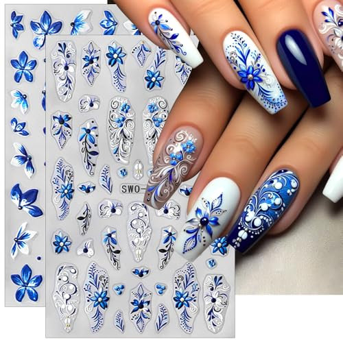 Autocollants pour ongles en forme de pétales bleus et blancs - En relief - Pour le printemps et l'été - Fleurs d'orchidées - Lys - Accessoires pour ongles