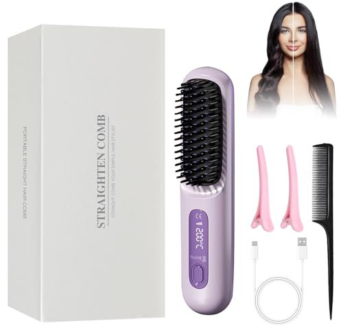 HASAIKA® Brosse Lissante Sans Fil, Fer à Lisser Sans Fil, Brosse Lissante pour Cheveux, 140°C-200°C 3 réglages de température avec affichage LED, idéal pour les voyages et l'utilisation quotidienne