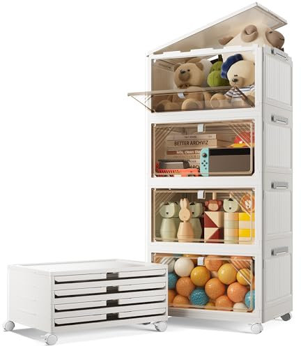 50L*4 Tier Stackable Storage Boxes with Lid, Flip-Door Plastic Storage Boxes on Wheels, Foldable Collapsible Plastic Drawers Folding Bins Containers for Home Wardrobe Office Organisation