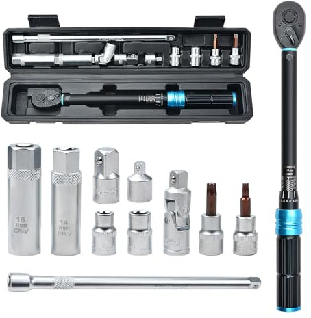 Zoomtools 11pc 3/8 Adjustable Preset Torque Socket Spark Plug Torque Ratchet Wrench Set 5-60Nm,with 8-10-14-16mm Sockets,1/2& 1/4 adapters for Car, Motorcycle,Truck