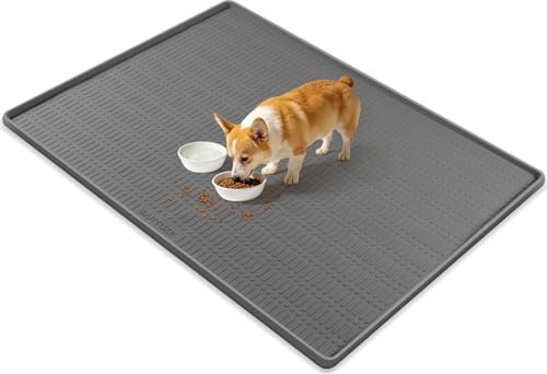Kalolary 47 x 35 Silicone Dog Food Mat, Waterproof Pet Feeding Mat with Raised Edge, Extra Large Dog Bowl Mat Non-Slip Water Bowl Placemats for Dogs, Protects Floors, Easy to Clean (Dark Gray)