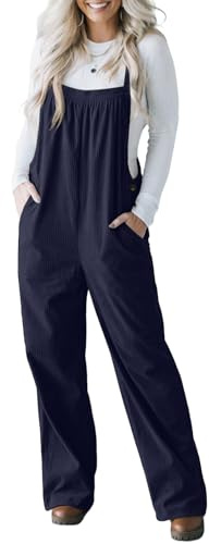 IWOLLENCE Corduroy Dungarees Women Adjustable Strap Overalls Bib and Brace Jumpsuit for Women UK Ladies Corduroy Jumpsuits with Side Buttons and 4 Pockets (Navy Blue, XL)