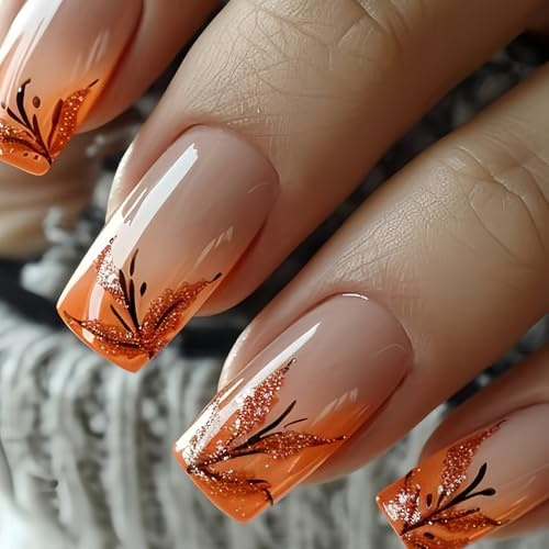 Xanthelle Press on Nails, Autumn Medium Almond Fake Nails with Glitter Maple Leaves, Stick-on Artificial Nails Nude Orange, Reusable Set of 24 Pieces