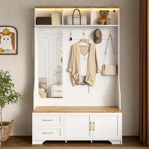 Kelodan Armario multifuncional para entrada y pasillo, armario de zapatos con iluminación LED, espejo, ganchos y cajones, almacenamiento y asiento moderno