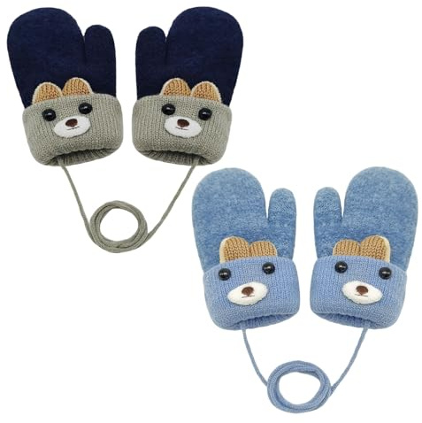 GYIOFAI Lot de 2 paires de moufles d'hiver tricotées pour bébé garçon et fille, motif ours mignon, moufles extensibles chaudes et épaisses avec doublure en peluche avec ficelle pour tout-petits filles