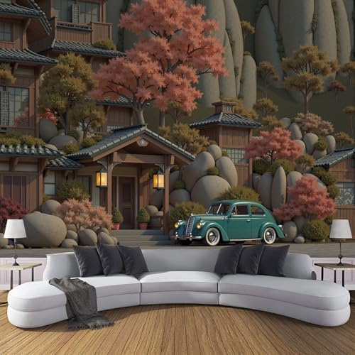 Anime-Stil Seide Tapete 450x315cm Fototapete Japanisches Dorf Wandtapete XXL Wandbild Moderne Wanddeko für Wohnzimmer Schlafzimmer Fernseh Hintergrund, Salbeigrün