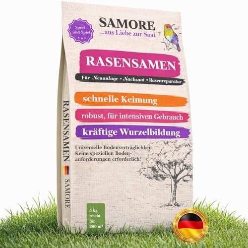 samore 5 kg Rasensamen Sport und Spiel | schnellkeimend |reicht für 200m² Rasen | robust|tiefgrün Neuansaat, Nachsaat, Rasensaat Grassamen | trockenresistent | dürreresistent - Made in Germany