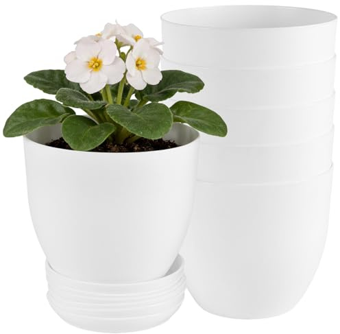 TAICHEUT 6PCS Plastic Plant Pots, 17cm White Ornaments Pots Indoor with Drainage Holes and Saucers, Decorative Flower Planters for House Garden Plants