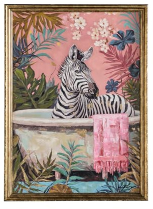 WERNS Design Gemälde Zebra in Badewanne, Pink-Rosa, Acryl auf Leinwand, Handbemalt, Tropische Blätter, Gold Rahmen, 55 x 75 cm