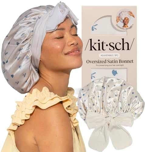 Kitsch XL Satin Bonnet for Sleeping - Softer Than Silk Bonnet for Sleeping Women, Secure Fit Adjustable Night Cap for Curly & Textured Hair & Prevents Breakage - Pearlized Cream & Coastal Blue Print