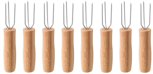 Set de 8 Tenedores para Patatas al Hervir y Pinchos para Mazorcas de Maíz con Mango de Madera de Haya y Punta de Acero Inoxidable, Utensilio de Cocina para Sujetar Verduras al Pelar o Comer.