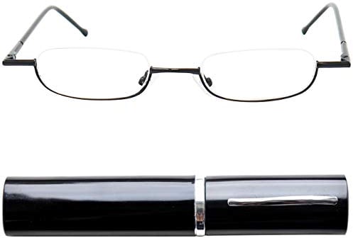 Schmale Metall Mini Halbbrille Lesebrille, Edelstahl Rahmen (Schwarz), mit Gratis Slim-Fit Alu Etui, Lesehilfe Damen und Herren +2.5 Dioptrien