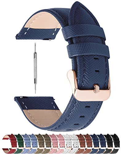 Fullmosa 14mm Bracelet de Montre en Cuir véritable,Cross Montre Bracelet Homme Femme à Dégagement Rapide,14mm Bleu Foncé+Boucle en Or Rose
