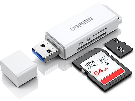 UGREEN USB 3.0 Lecteur de Carte SD Micro Reader SD, TF, Micro SD, SDXC, Micro SDHC jusqu'a 512 Go Adaptateur Carte Mémoire PC Windows Mac OS Linux, PS4, Xbox One, Lire 2 Cartes Simultanément (Blanc)