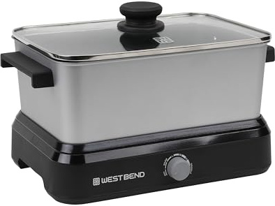 West Bend Versatility Slow Cooker Large Capacity Non-stick Cooking Vessel & Variable Temperature Heating Base Includes Travel Lid and Storage Bag, Range and Oven-Safe Cooking Pot, 5-Quart, Silver