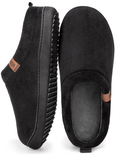 MERRIMAC Men's Slip-on Slippers Comfy Memory Foam Non-slip Indoor House Shoes Dark Black,11/12 UK