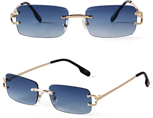 SDinm Petites lunettes de soleil étroites sans monture tendance rectangulaires à verres teintés des années 90 pour femmes et hommes, Dégradé bleu, Small