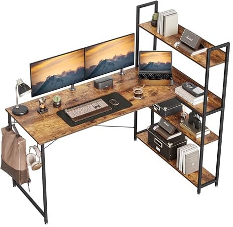 CubiCubi Computer Desk with Storage Shelves 140x84 cm, Small L Shaped Desk Home Office Coner Desk, Office Writing Desk, Brown