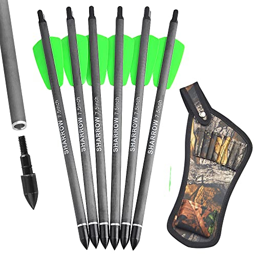 AMEYXGS 12 Stück Carbon Armbrustbolzen 7,5 Zoll Armbrustpfeile 15 Zoll Carbonpfeile mit Pfeilköcher Bogenschießen Jagdpfeil 2 Zoll Plastikfeder für Zielübungen Armbrust (Grün-7,5)