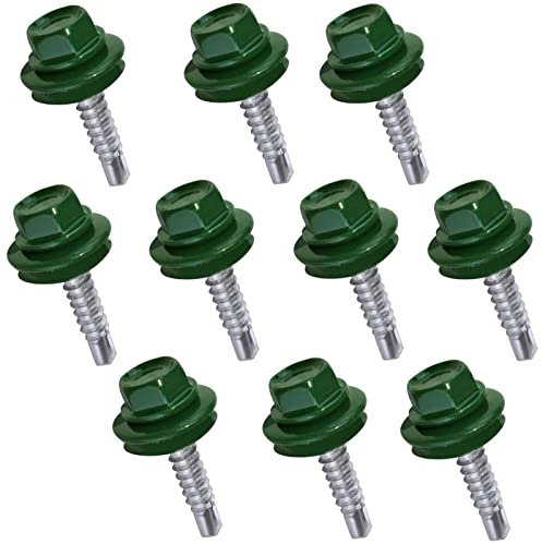 AERZETIX - C57179 - Juego de 10 - Tornillo autoperforante Ø4.8x25mm + arandela de sellado EPDM - pintado en color verde musgo RAL 6005 - huella de la cabeza 8mm hexagonal - en acero