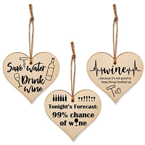 Set of 3 Hanging Decorations Wooden Hearts Funny Wine Bottle Tag Gifts | Save Water Drink Wine | Don't Keep Things Bottled Up