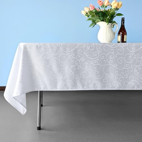 WedDecor 1pc Rectangular Damask Tablecloth with an Overlay Branch Swirl Pattern, Seamless Polyester Linen Table Cover, Party, Dining Table Cloth for Restaurant, 60 x 102 Inches, White | Round Tablecloth, Seamless Polyester Linen White Table Cover for Christmas, Restaurant, Dining Tables, Parties, Event
