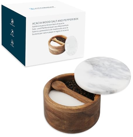 KITCHENDAO Salzstreuer mit Deckel und Eingebautem Löffel, Akazienholz Salzdose Salz- und Pfefferstreuer mit Grauem Marmordeckel Salztopf, Salzstreuer Holz Salzbehälter Dual 5Oz Kapazität