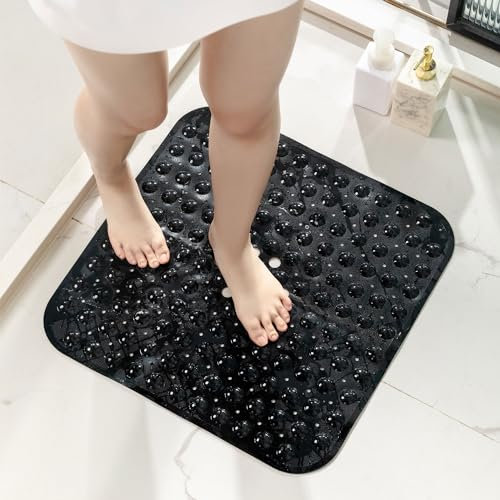 HITSLAM Square Shower Mat Non Slip Anti Mould, 53 x 53cm Bath Mat for Tub with Suction Cups and Drain Holes, Machine Washable Bathroom Anti Slip Shower Mat, Soft on Feet, Black