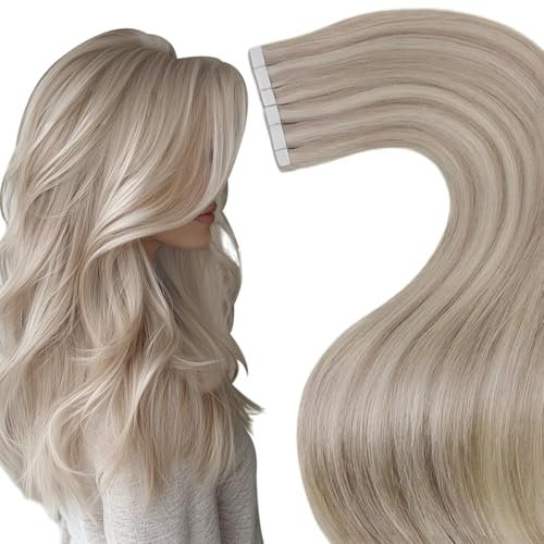 Hetto Tape Extensions Echthaar Blond Tape in Extensions Echthaar 60 cm Highlights Mittel to Licht Blond Seidig Gerade Invisible Tape Klebe Remy Haarverlangerung 20pcs 50g #18/613