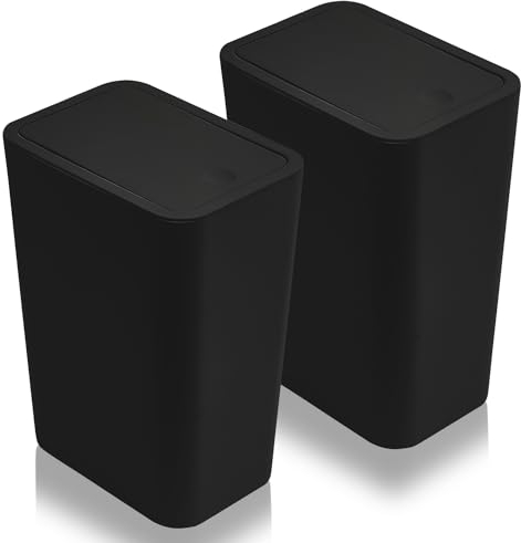 2pcs 9L Slim Bathroom Bin for Bedroom, Dog Proof, Trash Can Narrow With Lid, Touch Top Toilet, Plastic Thin for Office, Living Room, Kitchen (Black)