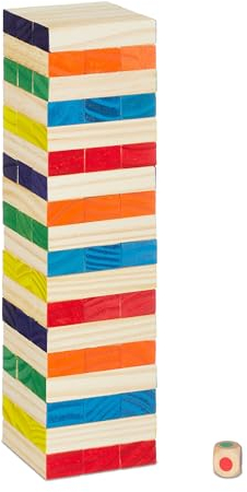 Relaxdays Wackelturm, 54 Holzklötze mit Würfel, HBT 27x7,5x7,5 cm, Holzturm Spiel Kinder, Geschicklichkeitsspiel, bunt