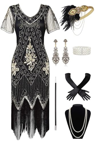 BABEYOND 1920s Robe Femme Flapper Robe Soirée Longue Robe Paillette Longue Robe Perlée Gatsby Robe Élégante Vintage 1920s Party Fête Bal Soirée(Noir