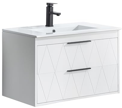 UEV Waschtisch mit Unterschrank, Hängend Badezimmerschrank mit Soft-Close System,Waschbecken aus Keramik, 75cm, Badezimmmer Möbel für Gäste WC, Badmöbel Set für Badezimmer Weiß