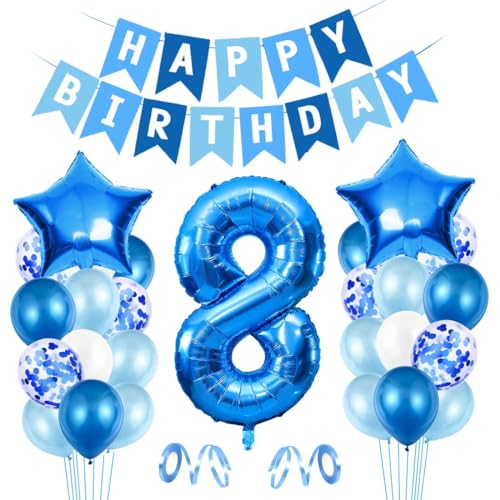 Luftballon 8. Geburtstag Blau - Happy Birthday Folienballon, Riesen Folienballon Zahl 8, Ballon Deko, Geburtstagsdeko Jungen 8 Jahr