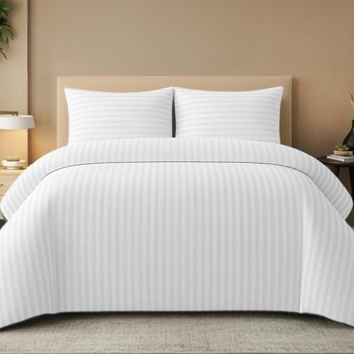 Pamposh Set con copripiumino singolo a righe satinate, qualità alberghiera, biancheria da letto ipoallergenica ultra morbida in microfibra