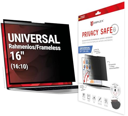 Displex PRIVACY SAFE Magnetischer 2-Wege Blickschutzfilter für Laptop/Notebook, magnetische Befestigung, abnehmbar, Anti-Reflex- & glänzende Blickschutzfolie (PRIVACY SAFE 16 16:10 Randlos)