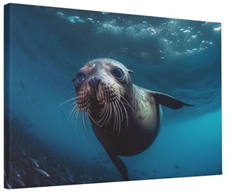 Leinwandbild, Gemälde, Unterwasser-Seelöwe, Kunstwerk, Fotodrucke, moderne Wanddekoration, Poster, gerahmt, fertig zum Aufhängen, für Küche, Bad, Büro, Heimdekoration, 45 x 30 cm