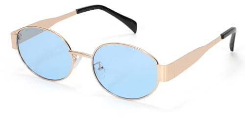 JasGood Retro Sonnenbrille Damen Herren Trendy Ovale Metall Sunglasses Woman Klassische Sonnenbrille UV400 Schutz Sonnenbrillen mit Metallrahmen für Damen Fahren Reisen,Gold Rahmen/Blau Gläser