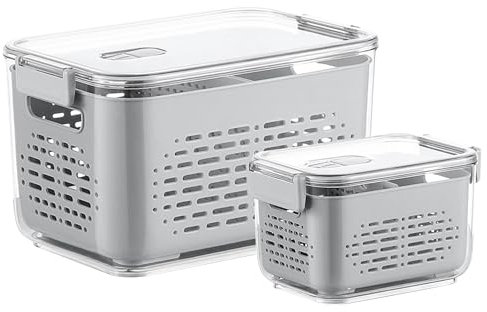 Mustbeau Caja de Almacenamiento para Frigorífico Tarros de Organizadora de 1.8L+9L de Cocina Juego de Recipientes con Tapa de Escurridor Contenedor para Guardar Alimentos para Ensalada y Queso