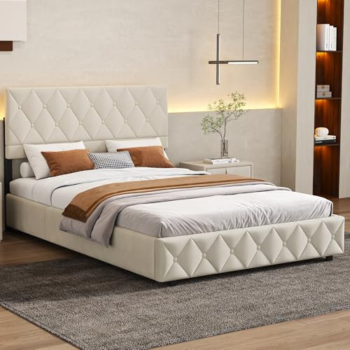 okwish Boxspringbett Polsterbett 140 x 200 cm mit Kopfteil in Knopfnahtverzierung, Hydraulisches Stauraumbett mit Bettkasten Stauraum, Doppelbett Jugendbett (Ohne Matratze)- Beige