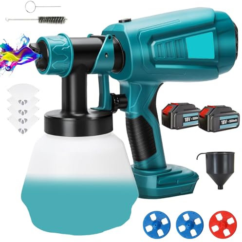 Akku Farbsprühsystem 18V, Elektro Farbspritzpistole mit 2 x 5.5AH Akku, 4 Düsen und 3 Spritzmuster,1000ml farbsprühgerät,für Gartenzaun, Wände, Möbel, Decke