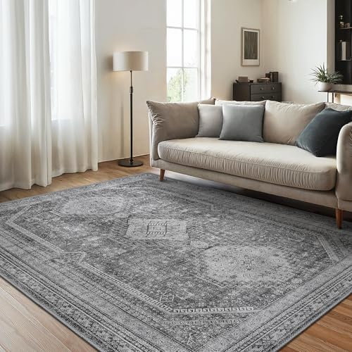 GENIMO Grauer Teppich 160x230cm, Boho Kurzflor Teppich Wohnzimmer Waschbare Antirutsch Teppiche