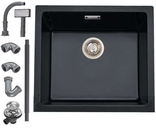 Lavello da Cucina 45 x 45 cm, Lavandino Cucina in Granito, iAnomla Nero Vasca Singola da incasso adatto per mobili sottolavello da 45 cm di larghezza, Lavabo Cucina Nero con Sifone, Moderno