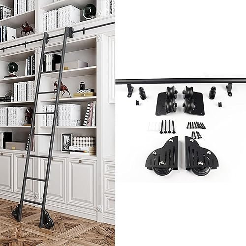 Sliding Ladder Kit Rolling Library Ladder Rail Track Heavy Duty Slide Rails Rolling Ladders Bookshelf Bar Closet Set Mobile Ladder Hardware Kit (Without Ladder), Black (Size : 6.6ft/200cm Track Kit)