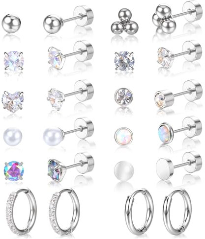 Juego de 12 pares de aretes de tuerca con rosca para orejas sensibles, parte trasera plana, aretes pequeños para cartílago (plata), Sin piedra preciosa