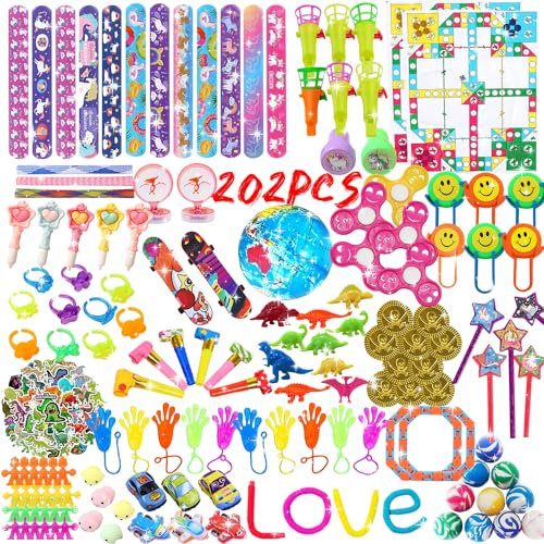 202Pcs Jouets Cadeau Anniversaire Enfants, Assortiment Jouets pour Enfants, Remplissage de Sacs-Cadeaux, Cadeau de Classe Scolaire, School Award, Cadeaux de Noël du Carnaval, Anniversaire Garcon Fille