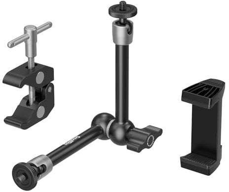 SMALLRIG Clamp w/ 1/4 and 3/8 Thread Holes, 9.8 Inches Adjustable Friction Power Articulating Magic Arm with Phone Holder for Action Cameras, Smartphones, LCD Monitor/LED Lights - 5326