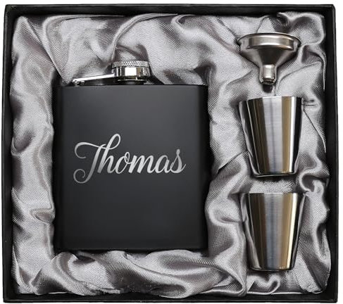 Flachmann mit Gravur. Edelstahl Flachmann personalisiert. Geschenke für Männer. Schwarz